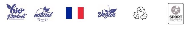 Icône des labels Vitalité Performance, Biologique, naturel, fabriqué en France, vegan, recyclable , Sport Protect ( certifié anti-dopage)